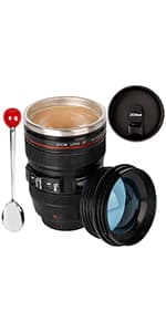 Camera Lens Coffee Mug,Travel Coffee Cup,Stainless Steel Lens Mug Thermos Camera Mugs with Lid and Spoon,Cool Gifts for Photographers Men and Women