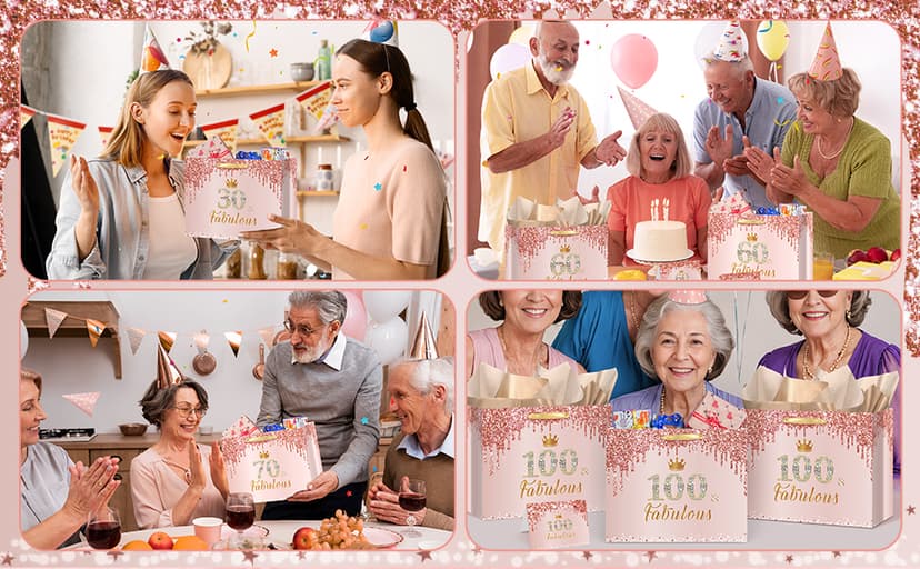 Yoirrat Rose Gold 60th Birthday Gift Bag for Women 60 & Fabulous Large Pink Happy 60th Birthday Gift Bag with Wrapping Paper and Card for 60th Bday Decorations Party Supplies