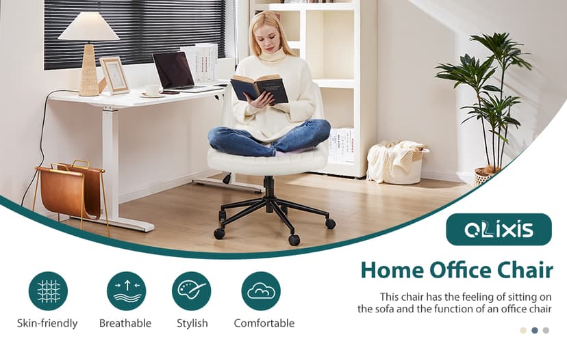 OLIXIS Criss Cross Chair with Wheels Wide Cross Legged Office Desk Vanity Chair Comfy Fabric Armless Adjustable Swivel for Home Computer Task PU Beige