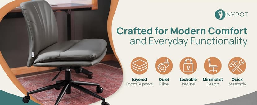 NYPOT Armless Desk Chair with Wheels for Criss Cross Sitting - Cross Legged Wide Armless Chair - Adjustable Vanity 360° Swivel Stool and 120° Rocking Wide Seat Comfy for Home and Office, Color Grey