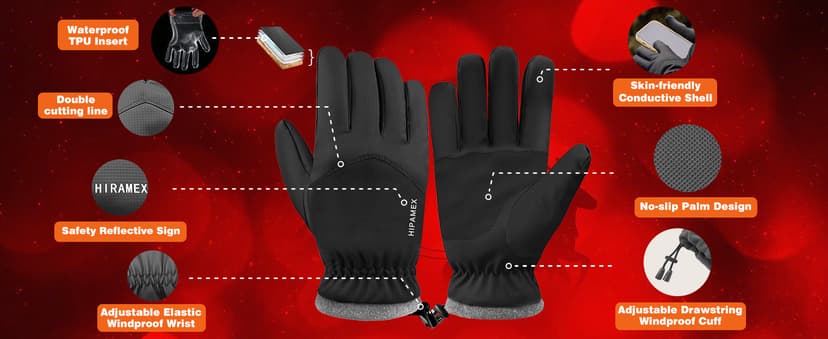 Hiramex Winter Windproof Gloves Men Women, Waterproof Warm Ski Gloves for Cold Weather, Touch Screen Snow Warm, Running Driving Cycling
