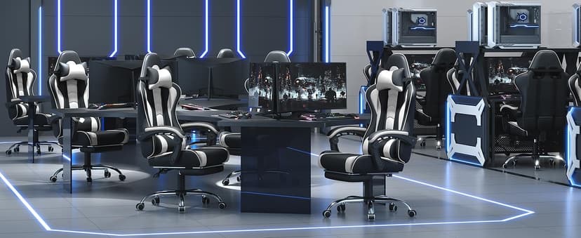 Yaheetech Gaming Chair, Video Game Chair with Massage Lumbar Support and Footrest Height Adjustable Ergonomic Computer Gaming Chair with Swivel Seat and Headrest, Black/White