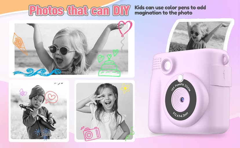 Instant Print Camera for Kids, Christmas Birthday Gifts for Girls Boys, HD Digital Video Cameras for Toddler, Portable Toy for 4 5 6 7 8 9 10 Year Old Girl with 32GB SD Card-Purple