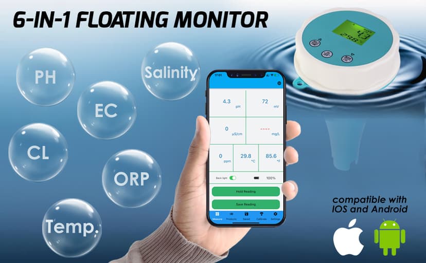 6-in-1 Wireless Water Quality Tester Bluetooth Floating Water Quality Monitor for Pools, Spas, and Hydroponics - pH, EC, ORP, Chlorine, Salinity, and Temperature Measurement