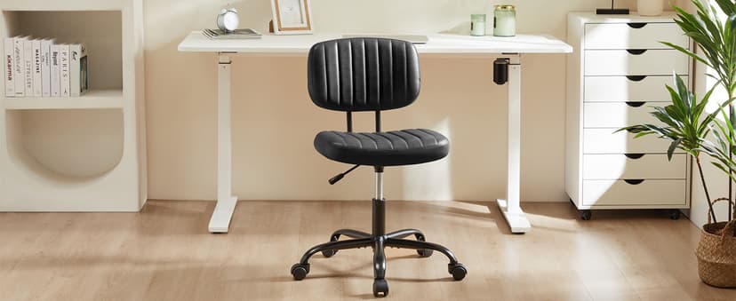 Sweetcrispy Small Office Desk Chair - Armless PU Leather with Comfy Lumbar Support, Height Adjustable Rolling Swivel Task for No Arms, for Adult, Student, Bedroom, Home, Vanity, Black
