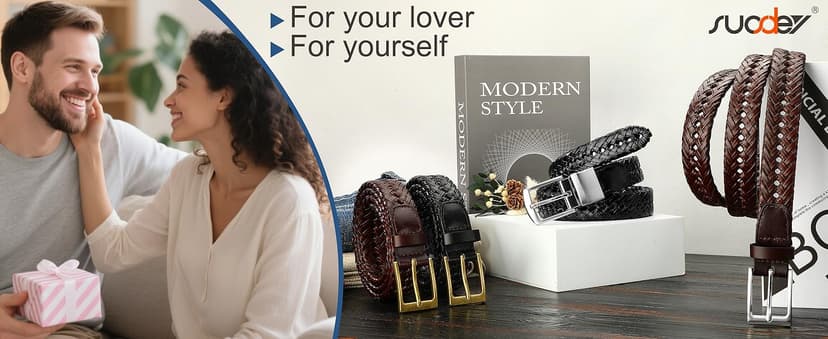 SUOSDEY Braided Genuine Leather Belt for Men, 1.2" Width Men’s Casual Woven Leather Belt for Jeans Pants