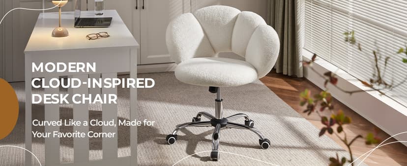 Yaheetech Boucle Upholstered Desk Chair Cloud-Shaped Vanity Chair Adjustable Home Office Computer with Rolling Wheels for Living Room, Bedroom White