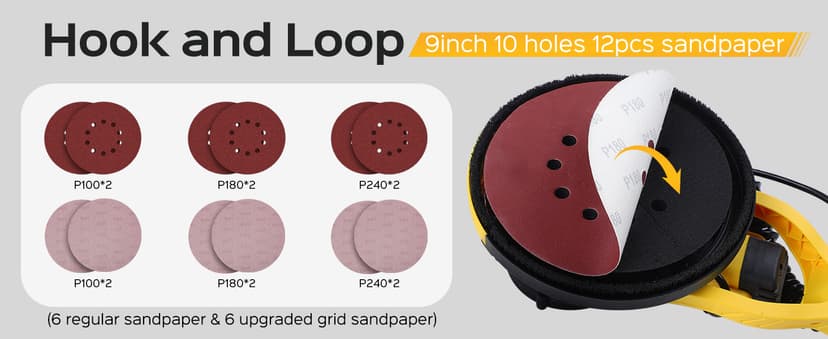 Drywall Sander Tool, KUPERIA 8.5 Amp Popcorn Ceiling Removal Tool with 7 Variable Speed 800-1800RPM, Electric Drywall Sander with Extendable Handle, LED Light,6 Basic Sand Paper & 6 Grid Sandpaper