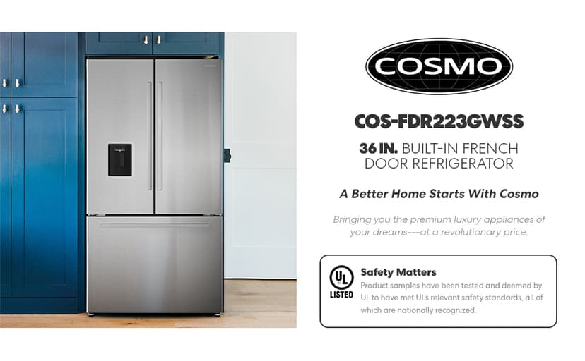 COSMO COS-FDR223GWSS 36 in. Lumin Collection 22.4 cu. ft. Counter Depth French Door Refrigerator, Water Dispenser, Ice Maker, Stainless Steel