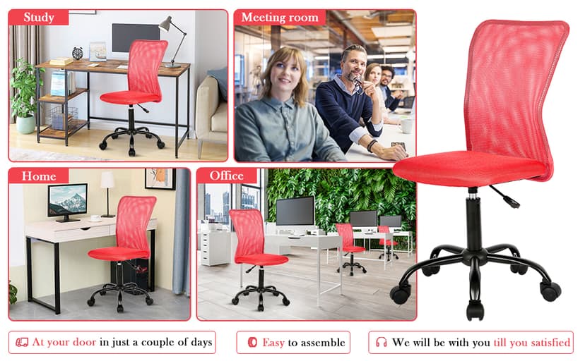 Ergonomic Office Chair Cheap Desk Chairwith Wheels Armless Lumbar Support Small Modern Adjustable Mid Back for Home Women or Men (Red)