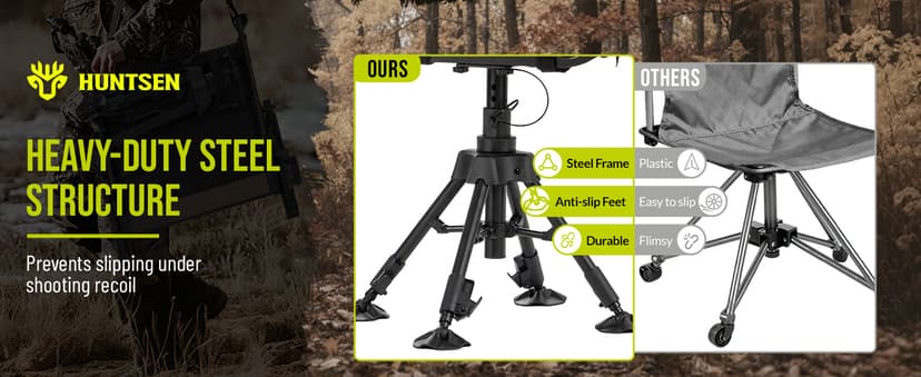 HUNTSEN 360° Silent Swivel Hunting Chair for Blinds - Stable Portable Ground Blind Chair Adjustable 4 Legs & Seat Height Folding Outdoor Fishing Seat with Anti-Sink Feet Armrest - Supports 330lbs