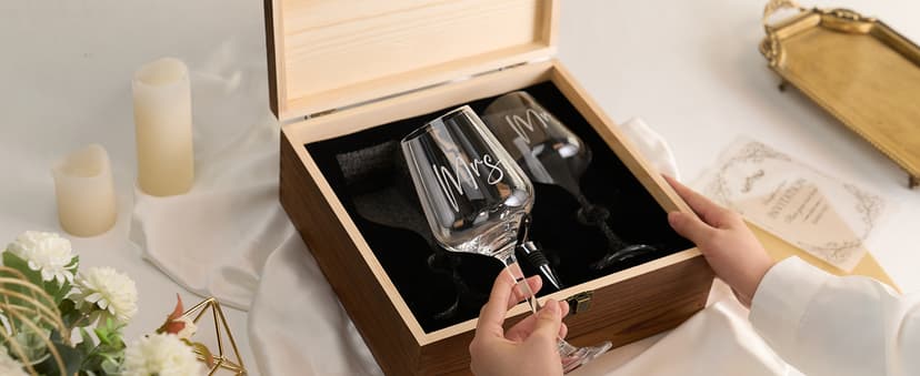 AW BRIDAL Wedding Gifts Bridal Shower Gifts Engagement Gift for Couples Newlyweds Mr & Mrs Wedding Wine Glasses Set of 2 - Wine Opener Wine Stopper with Engraved Wooden Keepsake Box