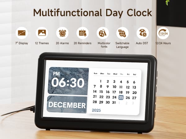 Raynic Date Clock, Digital Calendar Clock with 12 Themes, 20 Alarms, 20 Reminders, Semi-Automatic Dimming, 12/24 Hours, Auto DST for Desktop, Office, Students (Black, 7 Inches)