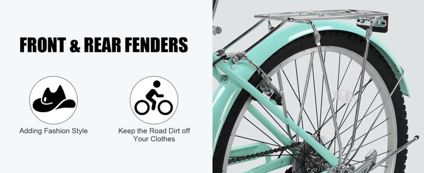 Women Bike, 26 Inch Beach Cruiser Bike, 7 Speed Commuter Bicycle with Ergonomic Upright Frame, Full Front & Rear Fenders (Green/Black/Red)