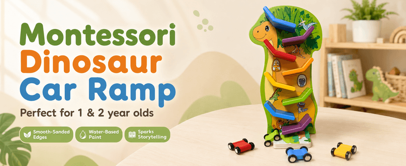 4 Mini Cars, 8 Level Race Track Car Truck, Car Toys for Toddlers 1-3, One 1st Birthday Gift Montessori Toys for 1 2 3 Year Old Boy, Dinosaur Wooden Car Ramp Race Track B0H7H5XWV5
