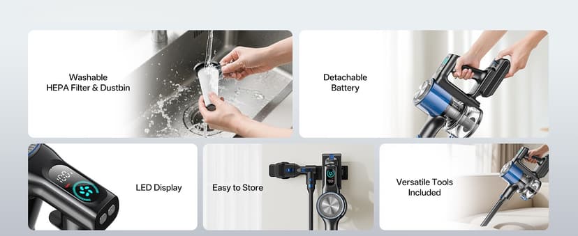 Cordless Vacuum Cleaner, 8-in-1 Cordless Stick Vacuum Cleaner with 3 Suction Modes, Up to 45mins Runtime, Rechargeable, Self-Standing, Wireless Vacuum Cleaners for Home Pet Hair Carpet Car Hard Floor