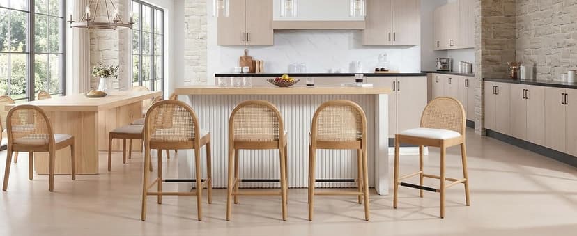 LukeAlon Mid Century Linen Counter Stools Set of 3, Upholstered 26.5" Seat Height Low Barstools with Natural Wood Legs Round Low Back Kitchen Stools with Footrest for Dining Room, Beige