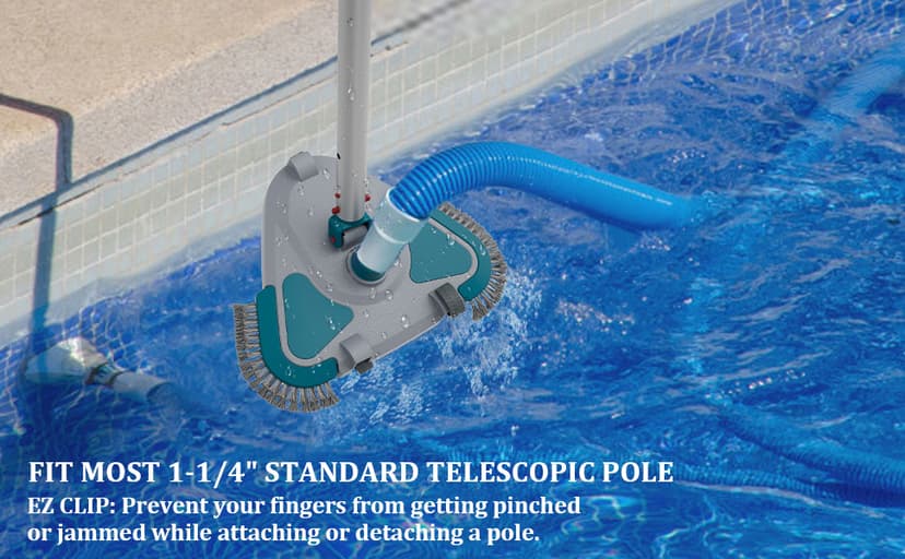Upgrade Pro Weighted Triangular Pool Rotative Vacuum Head with Brush & EZ Clip Handle - for Cleaning Surface Safe on Vinyl Lined Pools