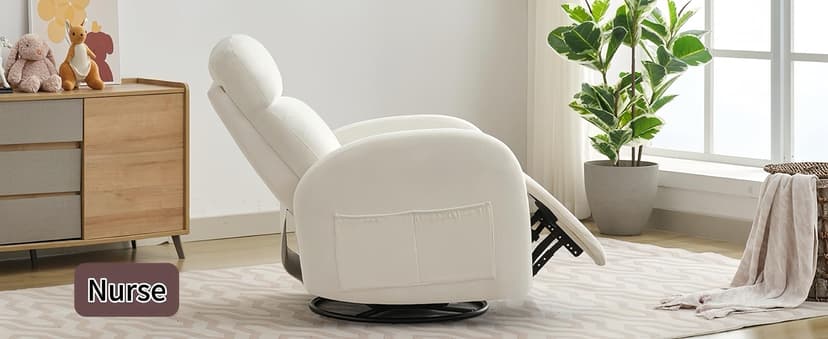 Rocking Recliner Nursery Chair, Swivel Recliner Glider for Nursery with 2 Pockets, Reclining Rocking Chair, Manual Recliners for Living Room, Bedroom, Cream White Chenille