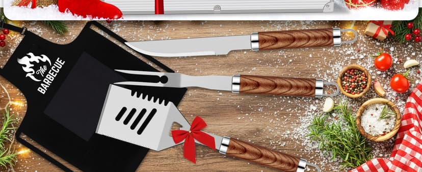 ROMANTICIST 26pcs Stainless Steel Grill Tool Set, Heavy Duty BBQ Grilling Accessories Gifts for Men Dad, Non-Slip Grill Utensils Kit with Apron, Thermometer, Mats in Aluminum Case for Christmas Brown