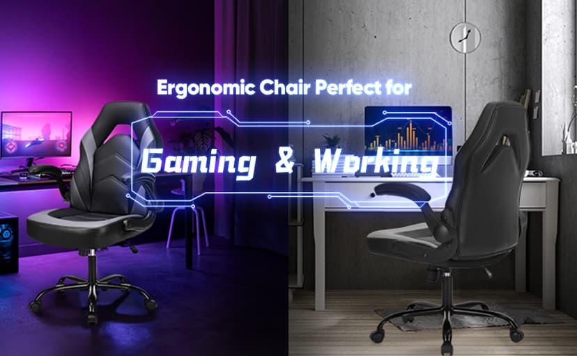 OLIXIS Big and Tall Office Desk Leather Gaming Computer Chair with Adjustable Swivel Task and Flip-up Arms for Adults, Teens, Black and Grey