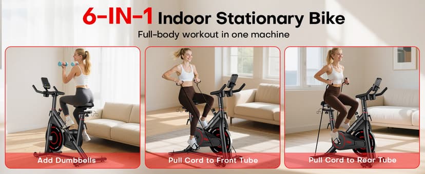 CHAOKE Exercise Bike, Quiet Adjustable Magnetic Stationary Bike for Home Cardio with App Compatible, 350LB Weight Capacity Indoor Cycling Bike with Large Seat, Dumbbell Rack, Pull Cords & LCD Display