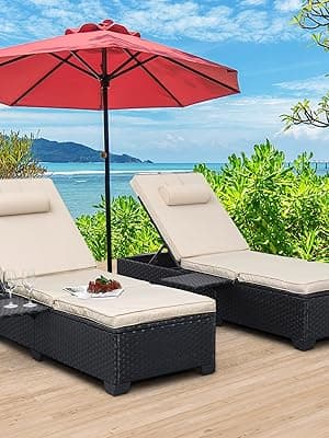 WAROOM Outdoor Chaise Lounge Chairs for Outside Patio Furniture Set of 2 Wicker Recliner Black Rattan Sunbathing Lounger Adjustable Backrest Pool Reclining Chair, Khaki Cushion
