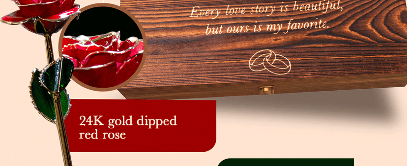 Anniversary for Wife Engraved Wooden Gift Set 'To My Beautiful Wife' Includes Crystal Engraved Heart 24K Gold Dipped Rose for Birthday Gifts