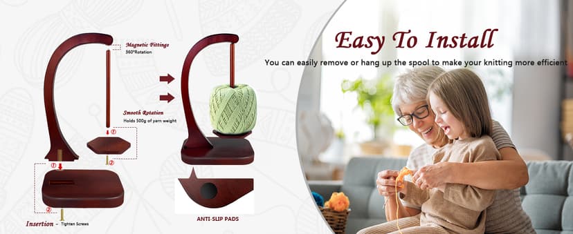 JUCPASH Yarn Holder for Crocheting and Knitting, Wooden Yarn Spinner with Magnetic Rotating Mechanism and Anti-Slip Pads, Crochet Gift for Knitting Lovers - Brown
