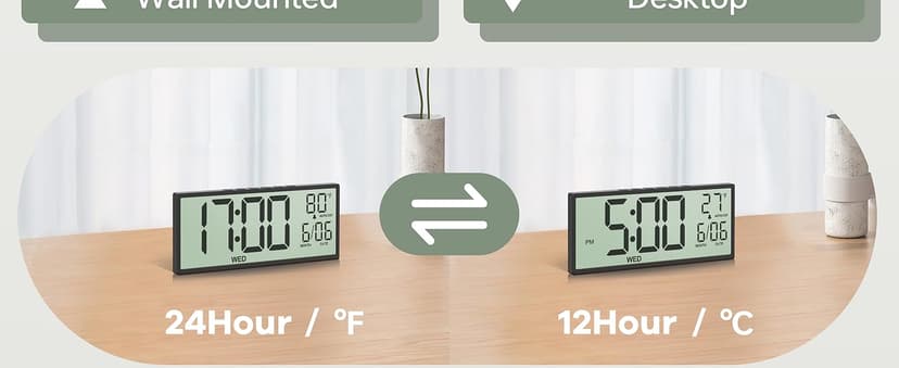 JALL 14.5" Large Digital Wall Clock Battery Operated with Big Digits LCD Screen Display, Day, Date, Alarm, Auto DST, Temperature for Living Room, Bedroom, Desk Decor, Mounted, Gift for Elderly