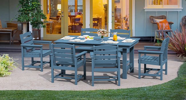 SERWALL 7-Piece Patio Dining Table Sets, Outdoor HDPE Dining Furniture Set with Umbrella Hole Cut-Out Table and 6 Chairs, Blue