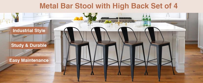 ALISH 26 Inch Industrial Bar Stools Set of 4, High Back Metal Barstools with Large Wood Seat, Counter Height Bar Chairs for Kitchen Island (26 Inch Set of 4, Black)
