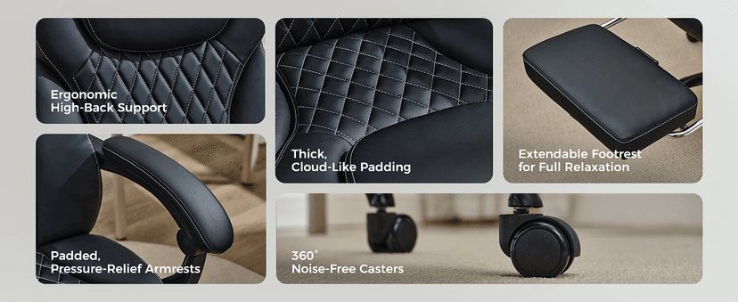 amseatec Office Chair, Big and Tall Office Chair with Foot Rest Ergonomic Chair for Home Desk, Reclining High Back Leather Chairs with Lumbar Support(Black)