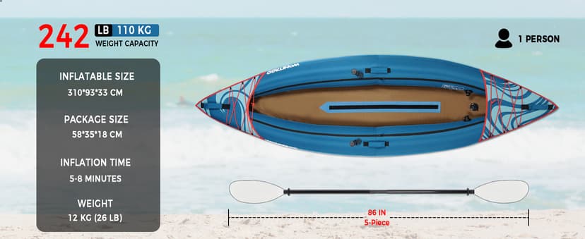 Inflatable Kayak, Portable Ripstop Oxford Cloth Recreational Touring Kayak with Fiberglass Kayak Paddle, Hand Pump and Carrying Bag, 1/2 Person