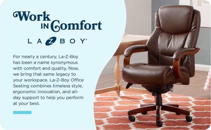 La-Z-Boy Delano Big and Tall Executive Office Chair - Ergonomic Lumbar Support Memory Foam - Bonded Leather Desk Chair for Home Office - Mahogany Wood Arms - Chestnut Brown