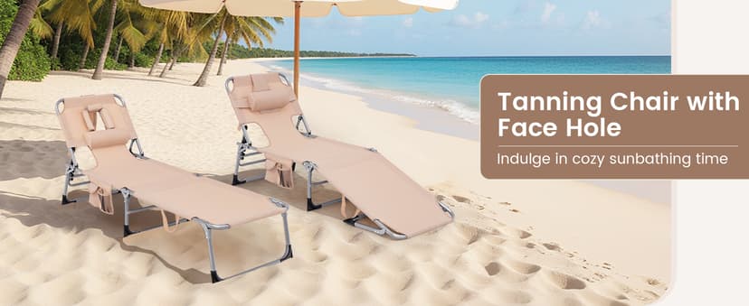 COSTWAY Tanning Chair with Face Hole, Folding Beach Lounge Chair with 4-Position Adjustable Backrest, Pillow & Side Pocket, Foldable Chaise Lounge Chair Outdoor for Sunbathing, Camping (1, Beige)