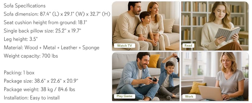 STHOUYN 88” Faux Leather Couch for Living Room, Black Office Couch Small Space, Comfy 3 Seater Couches Leather Sofa with High Backrest (Black)