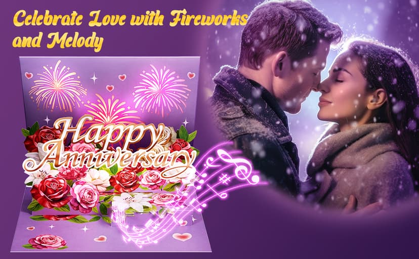 Airpark Anniversary Card with Music & Lights, 3D Pop Up Happy Anniversary Cards for Him Her Husband Wife Couple, Fireworks & Rose Lily Paper Flowers