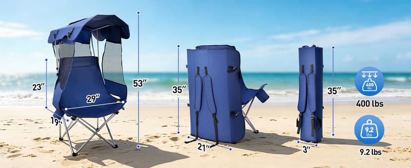 East Oak Oversized Camping Chair with Canopy | 400 LBS Heavy Duty Folding Beach Chair with Canopy Shade, Roomy Seat, Full Sun Protection, Ample Storage | Canopy Chair for Outdoors