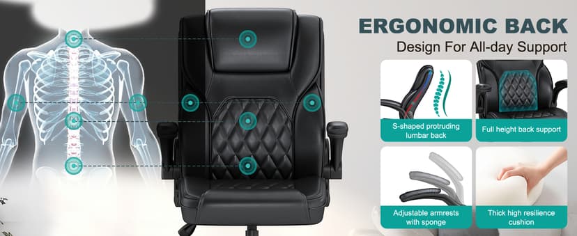 AnyGod Executive Office Chair, Comfy Ergonomic Computer Desk Chairs with Flip-up Armrests, Lumbar Support, High Back, 360° Swivel and Rocking Function for Home Office