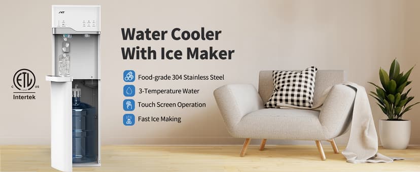 IKT 4-in-1 Hot/Cold Water Cooler with Ice Maker, 5 Gal, Bottom Load, Bullet Ice 22lbs Per Day Innovative Slim & Sleek Design for Home or Office White