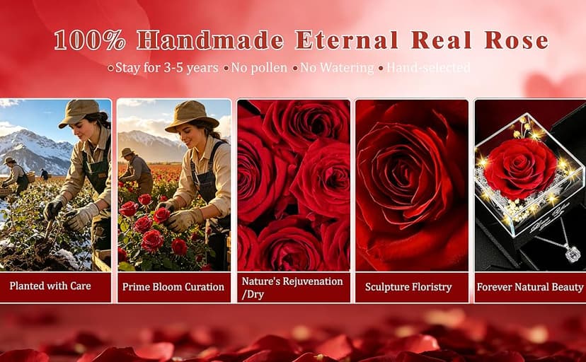Preserved Red Real Rose with Heart I Love You Necklace -Eternal Flowers Rose Birthday Gifts for Women Her Mom Wife Girlfriend Grandma on Valentines Mothers Day Christmas Anniversary Romantic-Red