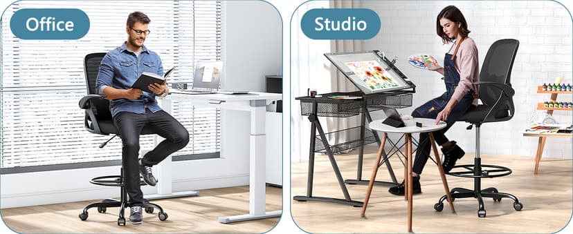 Kensaker Drafting Chair Tall Office Chair, Ergonomic Standing Desk Chair with Adjustable Foot Ring and Flip-up Armrests, Mesh Computer Chair for Art Studio, 300 LBS, Black
