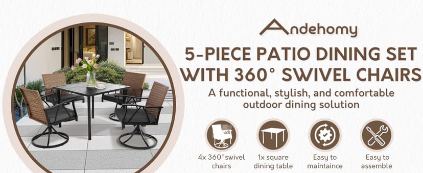 5-Piece Patio Dining Set for 4,Outdoor Dining Set with Wicker Swivel Patio Dining Chairs with Cushions & 1 Black Square Woodgrain Dining Table with 1.75”Market Umbrella Hole, Black & Brown