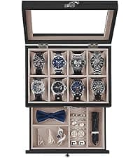 SONGMICS SONGMICS Watch Box, 12-Slot Watch Case Organizer with Large Glass Lid, 2 Layers, Removable Pillows, Metal Lock, Gift for Loved Ones, Black Synthetic Leather, Gray Lining UJWB012