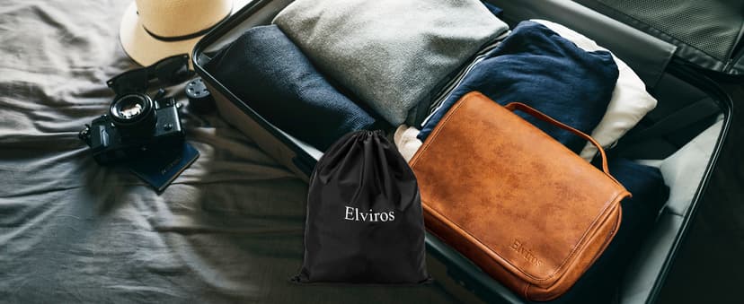 Elviros Hanging Toiletry Bag for Men Travel Essentials 3-in-1 Large Waterproof Dopp Kit PU Leather Shaving Bag with Separate Compartments for Grooming and Toiletries Mens Gift