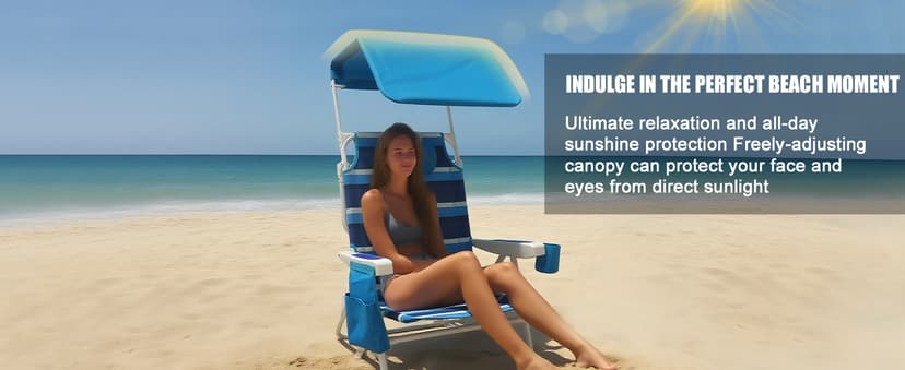 2 Pack Beach Chair with Canopy Shade, 5 Positions Lay Flat Textilene Reclining Beach Chair with Backpack Straps, Cooler Bag & Cup Holder for Outdoor Lawn Camping