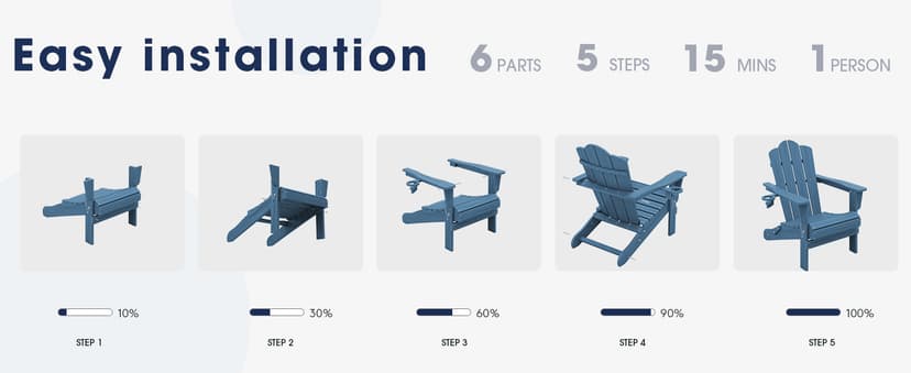 KINGYES Folding Adirondack Chair, HDPE All-Weather Patio Chairs with Cup Holder, Wooden Textured Fire Pit Chairs Recliner for Poolside, Backyard, Deck, Navy