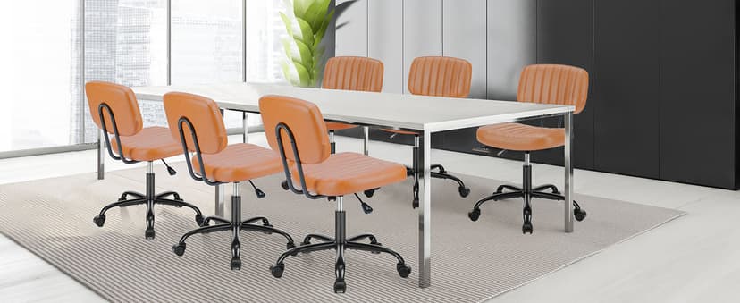 Sweetcrispy Small Office Desk Chair - Armless PU Leather with Comfy Lumbar Support, Height Adjustable Rolling Swivel Task for No Arms, for Adult, Student, Bedroom, Home, Vanity, Brown