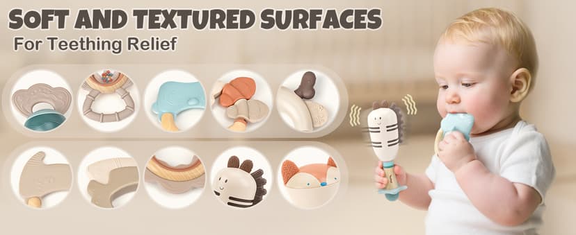 Sensory Toys with Soft Textures, Gentle Sounds & Easy-Grip Shape, Neutral Newborn Gift(10-Pack) Baby Rattles & Teethers Set, Baby Toys 0-6 Months, Teething Toys 3-6 Months B0F62MWKGD